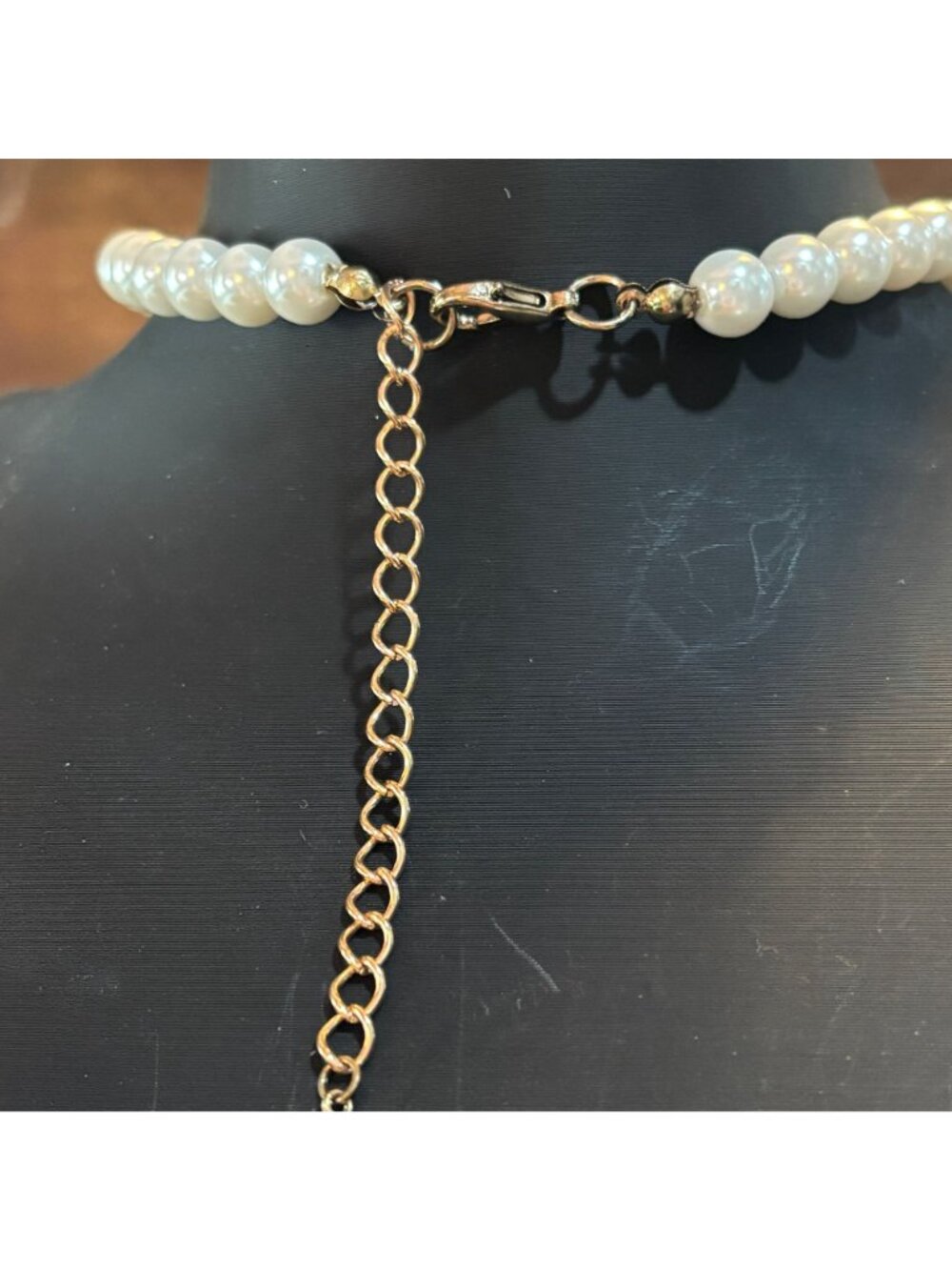 Faux Pearl Gold Tone Rhinestone Cross Necklace Gothic Statement Vintage Style - Picture 4 of 8